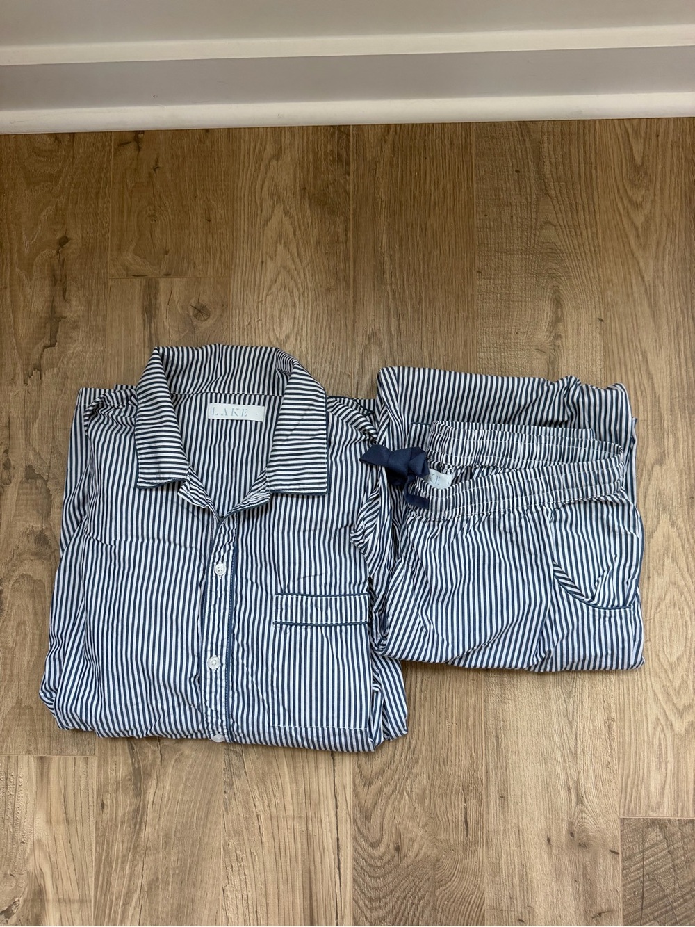 LAKE Poplin Piped Long-Long Set in English Navy Riviera Stripe